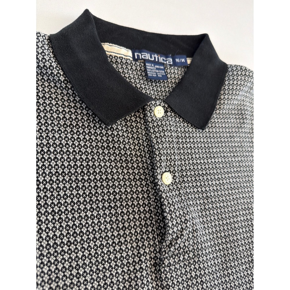 Vintage Nautica 1990s Mens Medium Polo Shirt Geometric Knit Black White Cotton